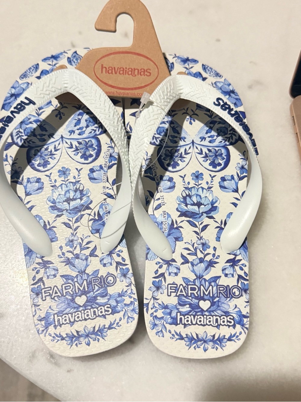 FARM RIO White Strap Flip Flops with Blue Floral Footbed